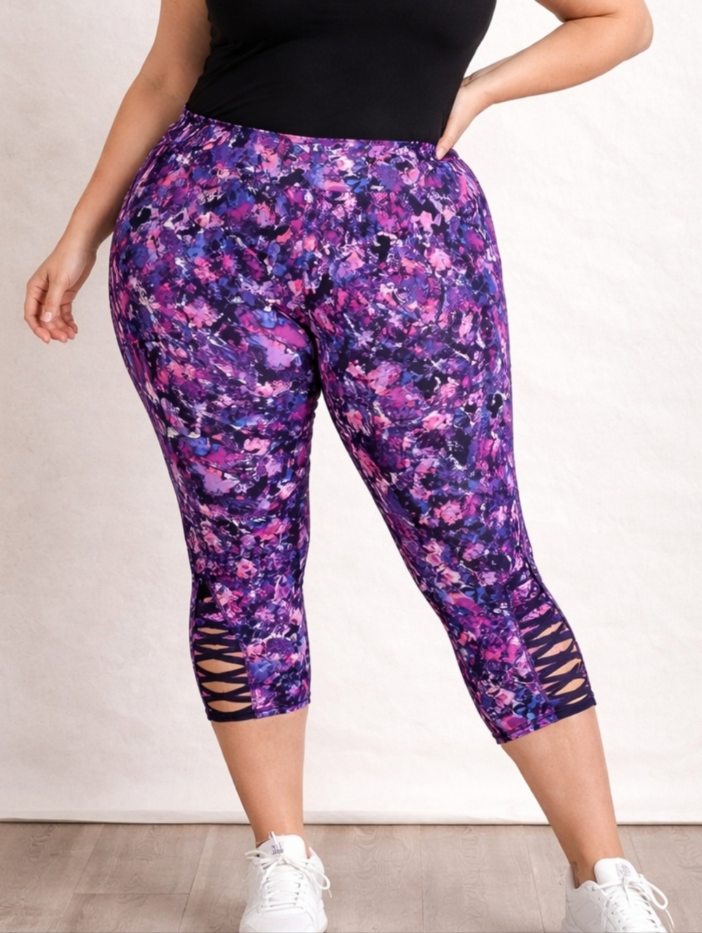Plus Size Purple Printed Capri Leggings with Lattice Detail